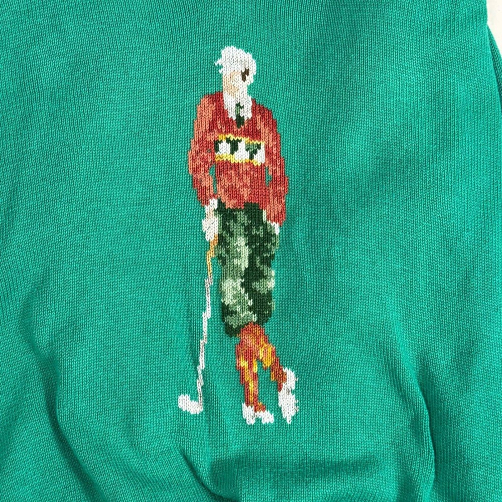 Izod Vintage 80s Mens M Intarsia Knit Golf Sweater Golfer Duffer Green Cotton